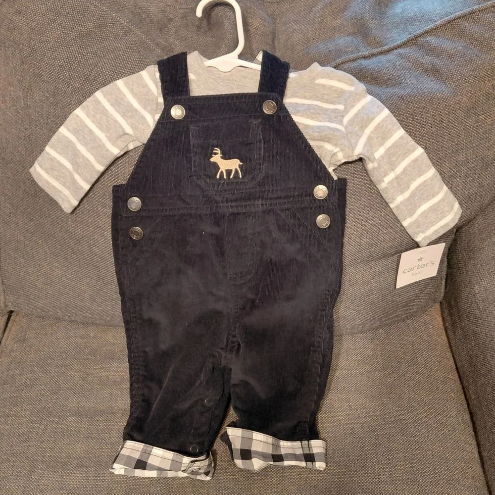 Baby Carter's Navy Corduroy Overalls with Deer & Gray Striped Shirt 3 Months